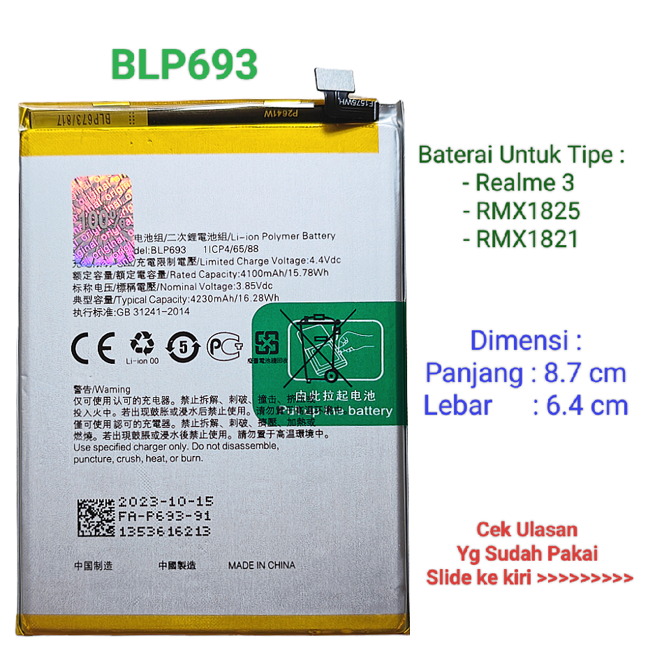 Jual Baterai Realme 3 / RMX1825 / RMX1821 BLP693 Batre Original Batrai ...
