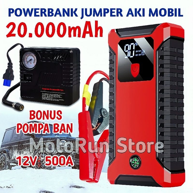 Jual Jumper Aki Mobil Power Bank 20000mAh 12V 600A 4 Port USB + Pompa Ban Elektrik Car Jump
