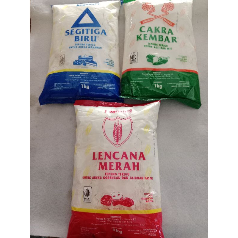 Jual TEPUNG TERIGU SEGITIGA BIRU, CAKRA KEMBAR LENCANA MERAH | Shopee ...