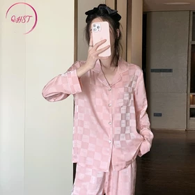 QHST Piyama Wanita Set Satin Kisi Merah Jambu Wanita Import Pajamas Wanita Baju Tidur Wanita