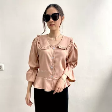 NA BI Top Korean Collar Blouse Puffy Sleeves Button Shirt Ruffle Blouse Balon Puff Sleeve 0288
