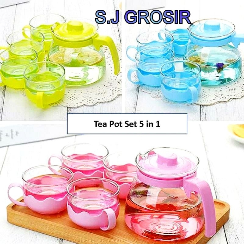 Jual TEA POT SET 5 IN 1 / TEMPAT MINUM TEH SET KACA / TEKO SET+CANGKIR