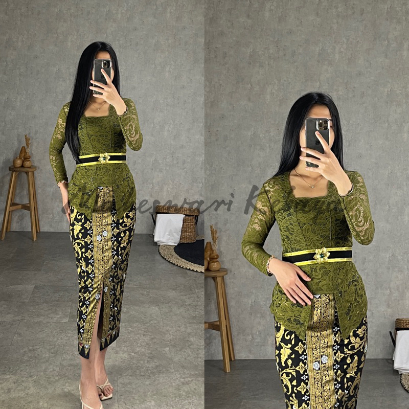 Jual Kebaya Bali Set Brukat Panjang Hijau Army | Shopee Indonesia