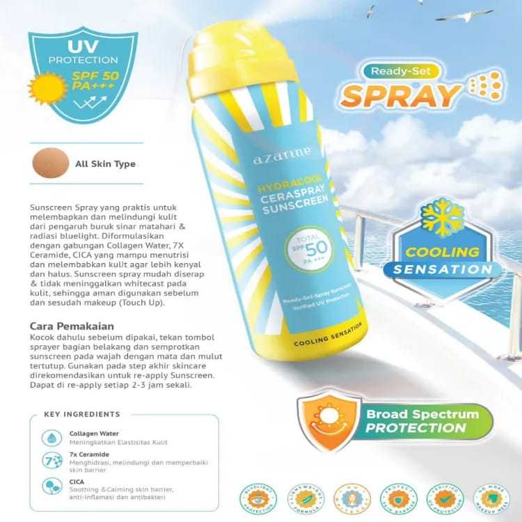 Jual Azarine Sunscreen Hydracool Ceraspray SPF 50 PA+++ 50ml | Shopee ...