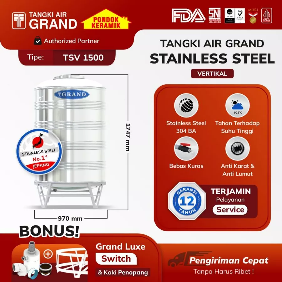 Toren Tandon Air Tangki Stainless Tedmond Grand TSV 1500 Anti Lumut & Sertifikasi Halal Pertama di Indonesia Garansi 12 Tahun