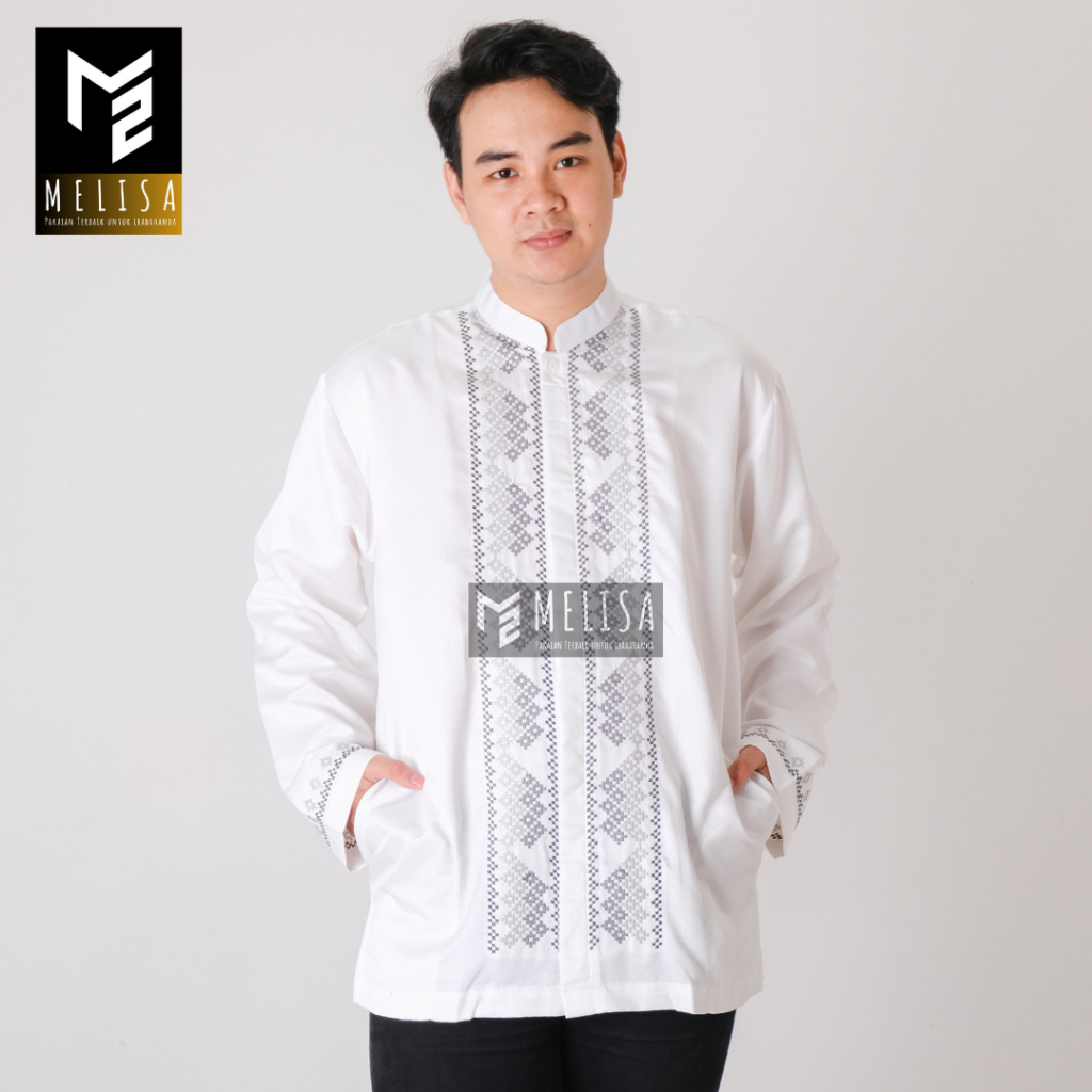 Baju koko pria lengan panjang bahan poli katun warna putih tulang size M L XL 2XL 3XL 4XL