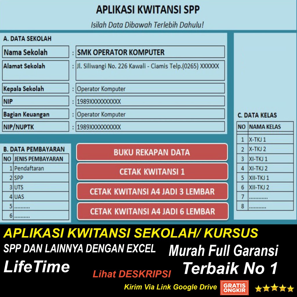 APLIKASI KWITANSI SEKOLAH/ KURSUS, SPP DAN LAINNYA DENGAN EXCEL