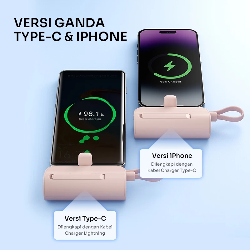 ROBOT Powerbank Mini Fast Charging 4500mAh With Port and Cable Type C Lightning Stand Function Power bank Travel Size RP-051C