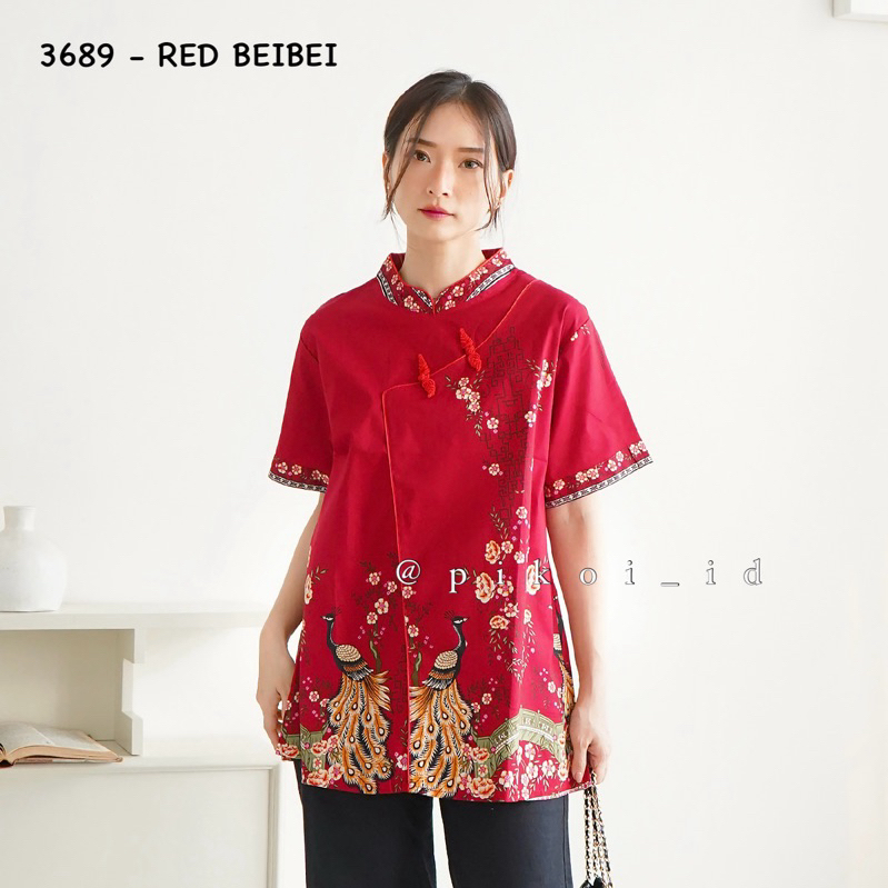 Jual Atasan Cheongsam Batik Merah Cny Baju Congsam Qipao Sincia Katun Stretch Top Batik