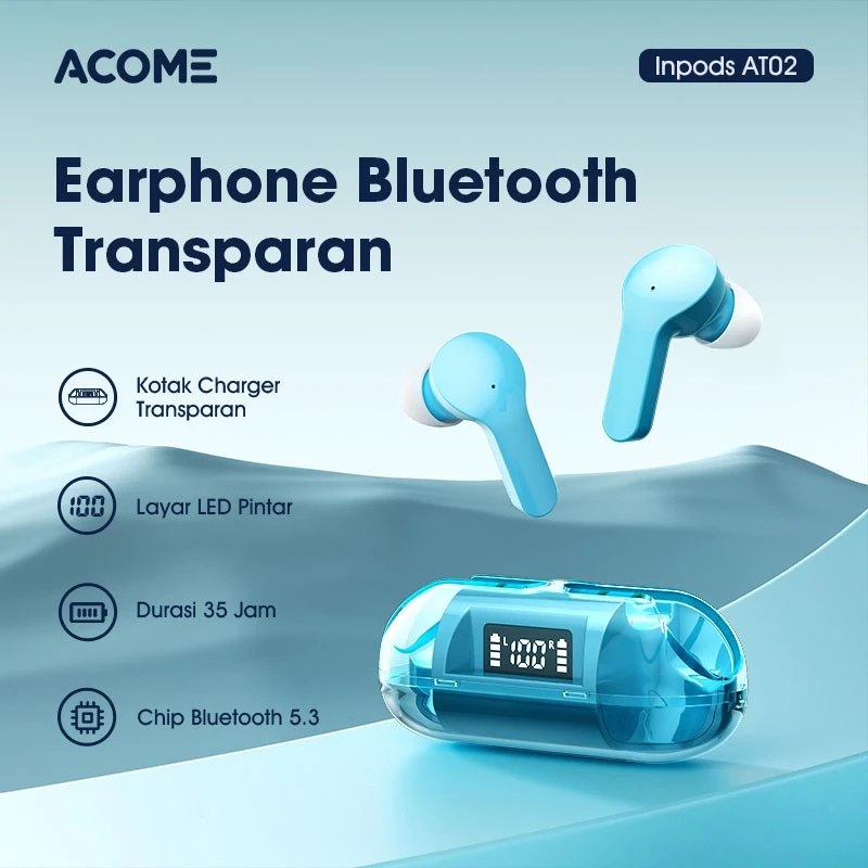 ACOME AT02 Headset Earphone Wireless Earbuds TWS BASS Bluetooth 5.3 Ultra Light Casing Transparant Inpods Original