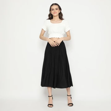 MINEOLA Serenity Black Pleated Midi Skirt (Rok Wanita Midi Plisket Bahan Impor Premium Korean