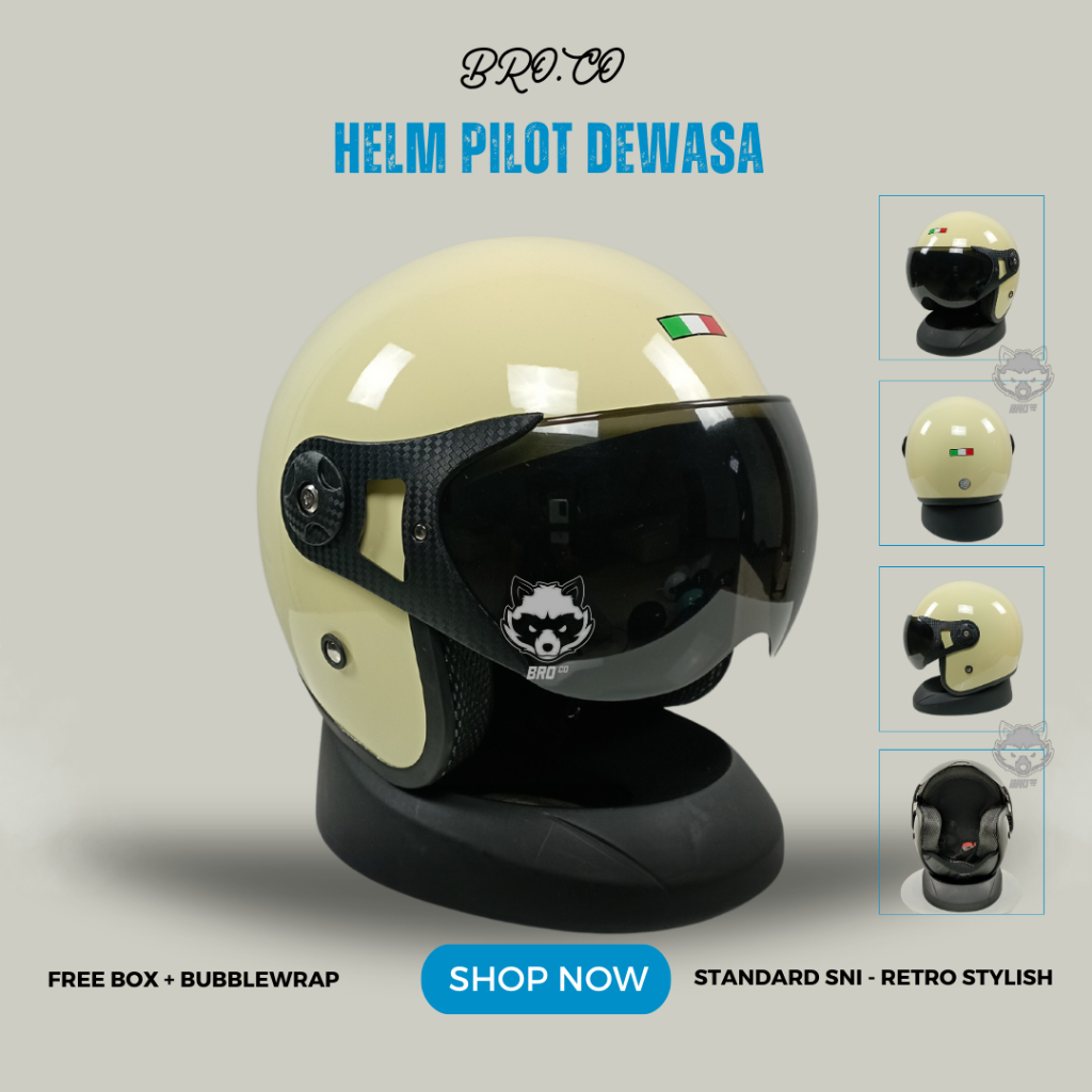 Jual HELM PILOT RETRO ITALY DEWASA HALF FACE HITAM BLACK GLOSSY ...
