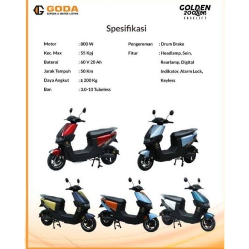 Jual Sepeda Motor Listrik Goda Golden New Lion 200 Ban Tubeless 800 ...