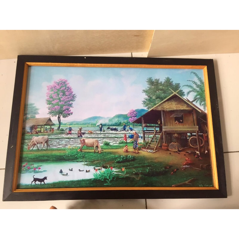 Jual Hiasan Dinding plus bingkai Lukisan cetak pemandangan desa sawah