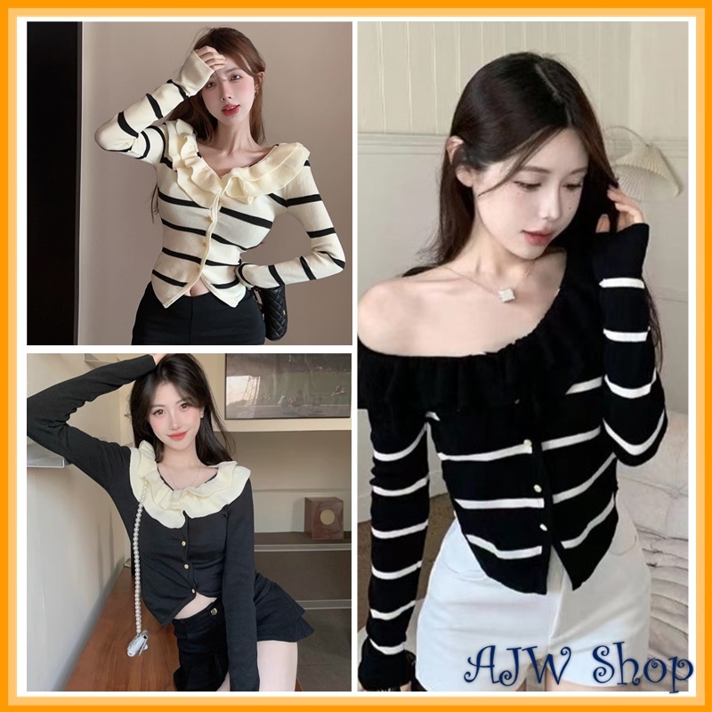 Jual Ajw Atasan Wanita Kerah Ruffle Sleeves Top Knit Xcq Pakaian