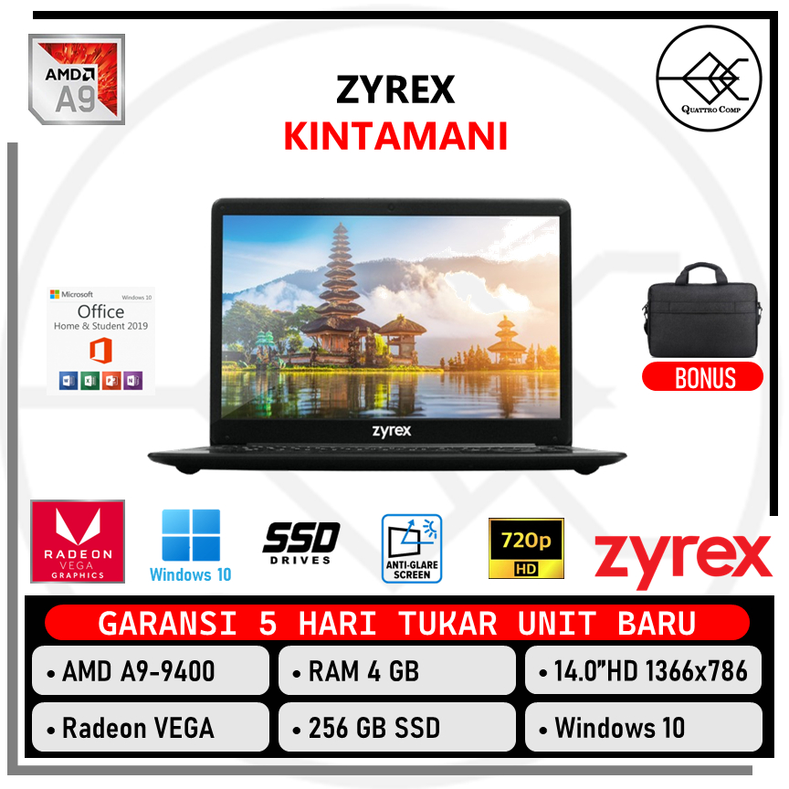 Jual Laptop Zyrex Kintamani AMD A9 9400 Ram 4GB 128GB 14.0" HD Win10