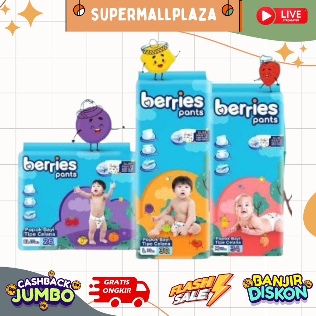 Jual Berries Popok Bayi Hemat M34 / L30 / XL26 | Shopee Indonesia
