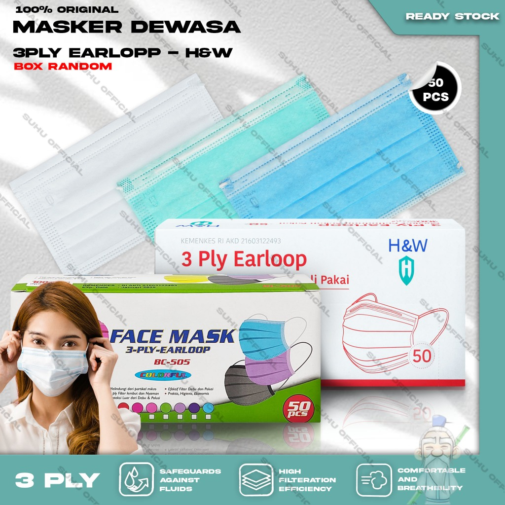 Jual Masker Medis 3Ply H&W Isi 50Pcs Warna Putih Hitam Biru Hijau ...