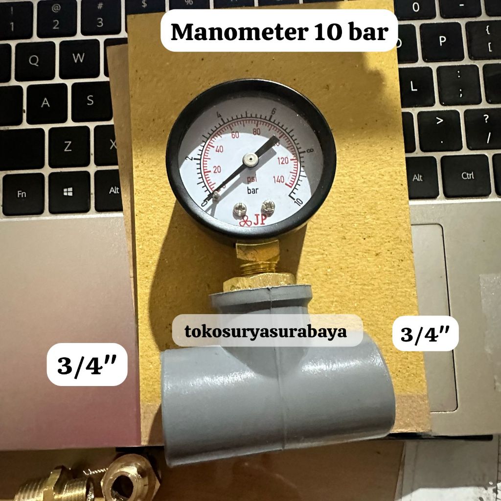 Jual Test Tekanan Pompa Air Manometer 10 BAR dengan TEE manometer