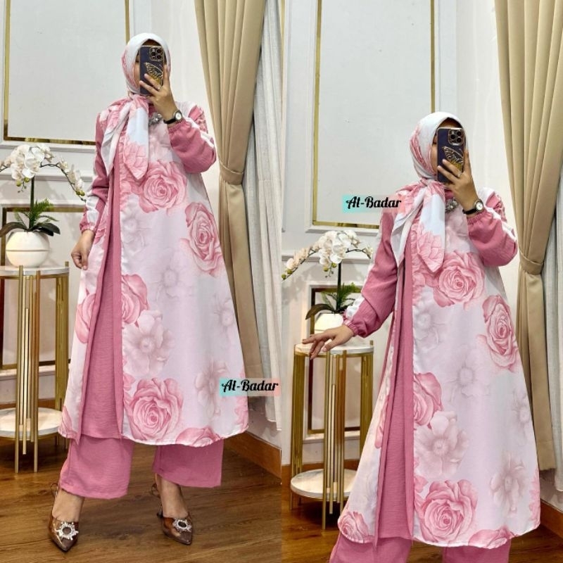 Jual SETCEL KRINGKEL TUNIK MIX CERUTY MOTIF ETNIK SLETING BELAKANG PLUS