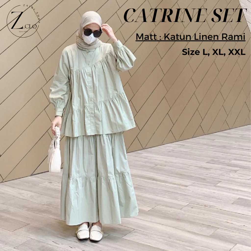 Catrine Setelan Wanita Katun Linen Blouse Rok