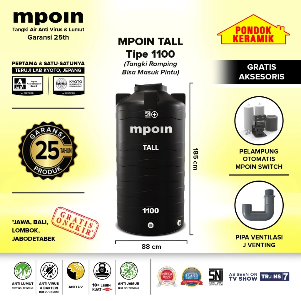 Tandon Mpoin Plus Tall TW 1100 L Tangki Tandon Air Toren Anti Lumut Garansi 25 Tahun