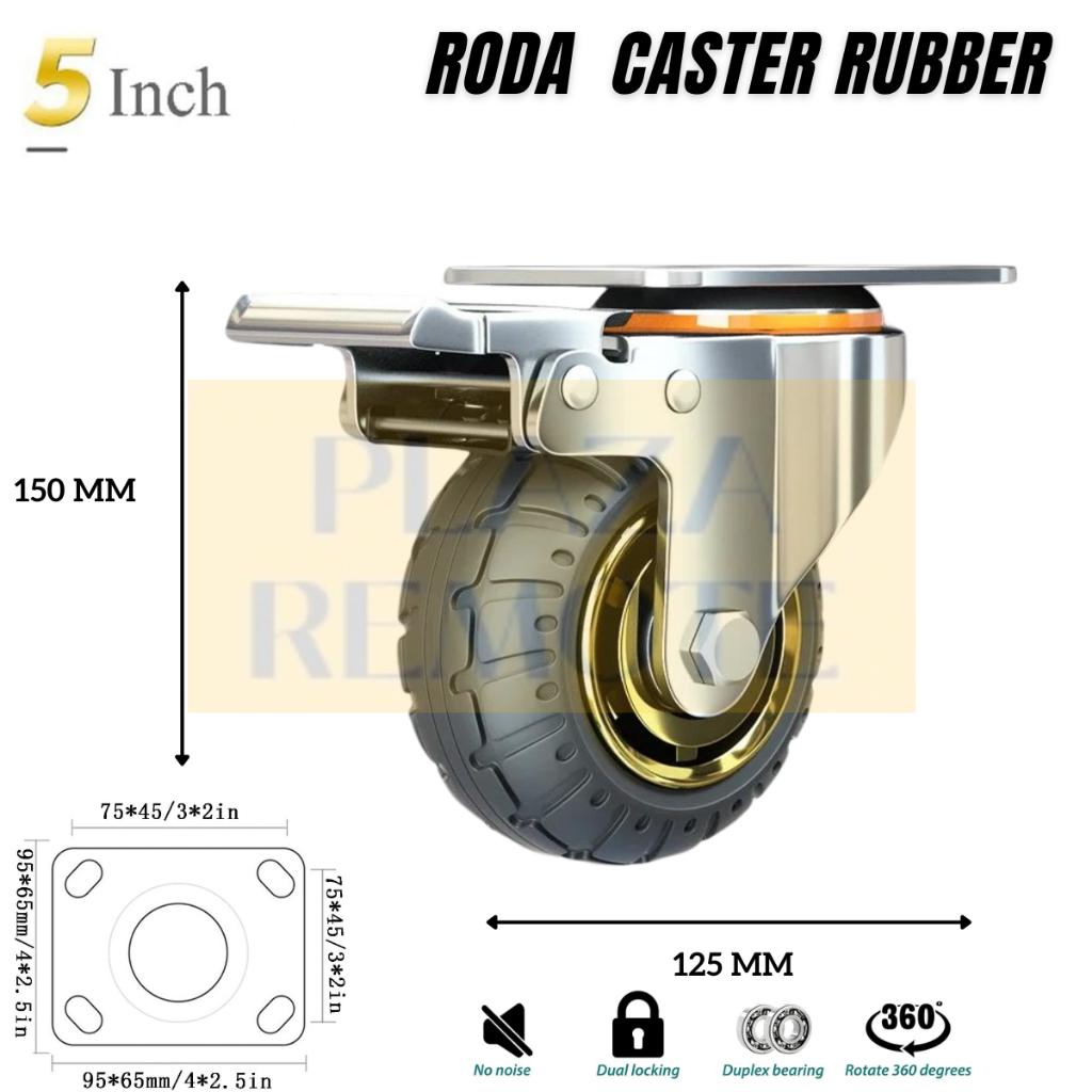 Jual RODA CASTER RUBBER + BEARING TROLY HEAVY DUTY REM HIDUP MATI ...