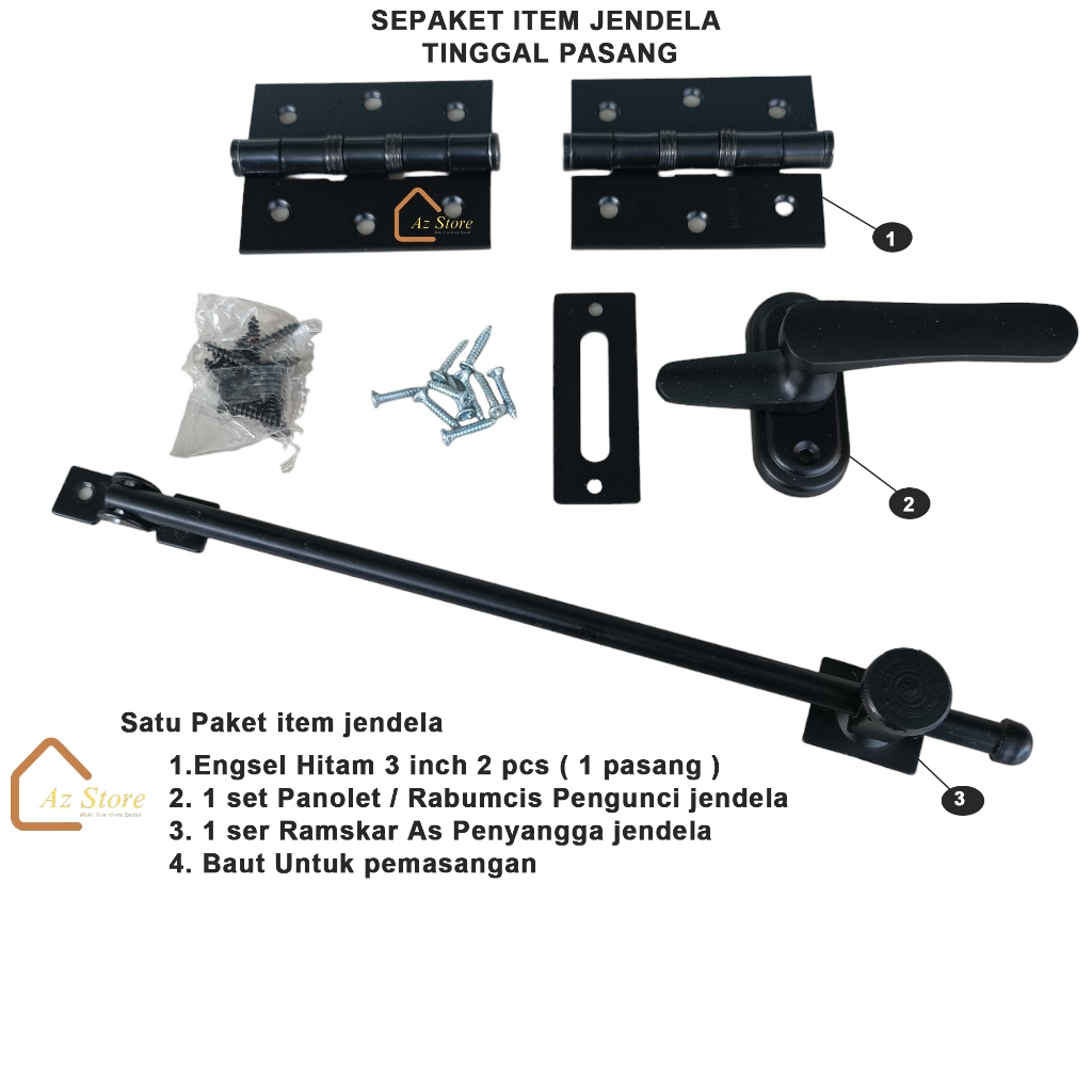 Paket Komplet Jendela Engsel 3 Inch Grendel 2 inch Panolet Pengunci dan Penyangga Jendela