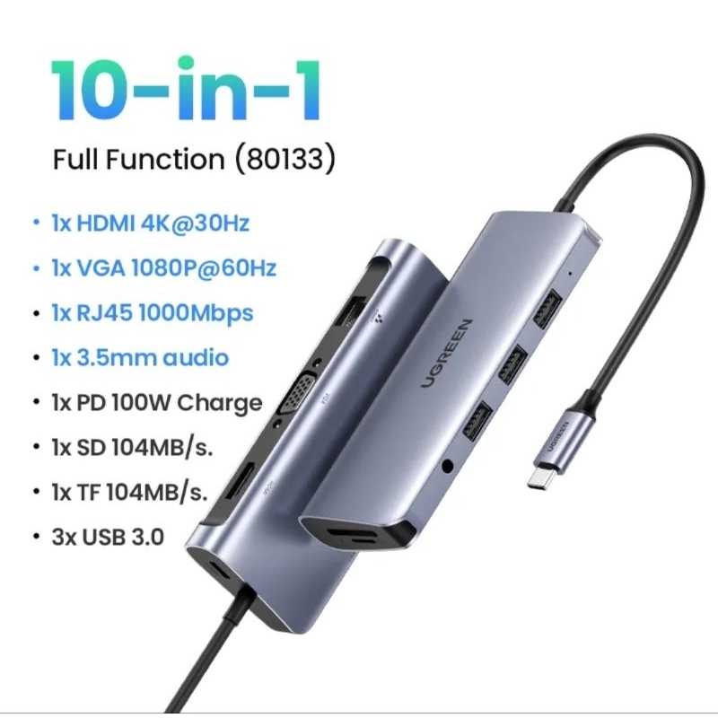Ugreen 10 in USB Hub Multifuntion Type C to VGA HDMI RJ45 Audio TF SD Card