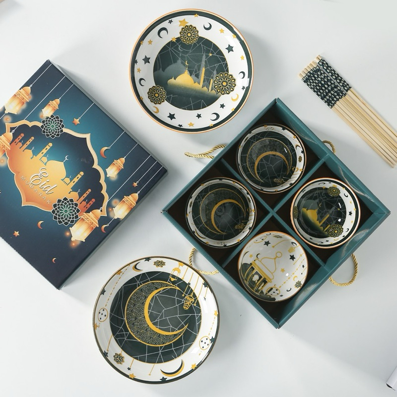 DNICE (2025) Hampers Lebaran Idul Fitri Mangkok Set Premium Eid Mubarak Gift Set Mangkok  Isi  10  Keramik Parsel Lebaran