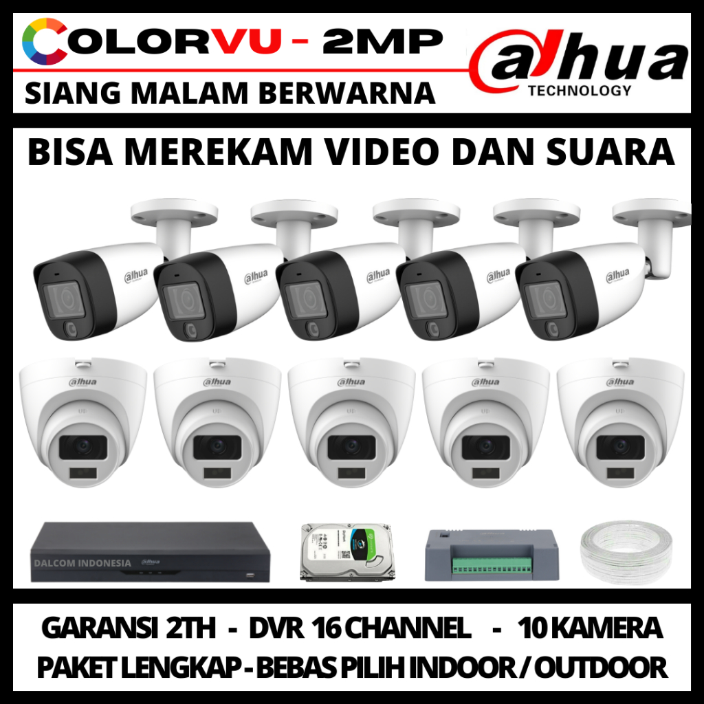 Jual Paket CCTV Dahua Colorvu 2MP 16 Channel 10 Kamera Audio 1080P ...