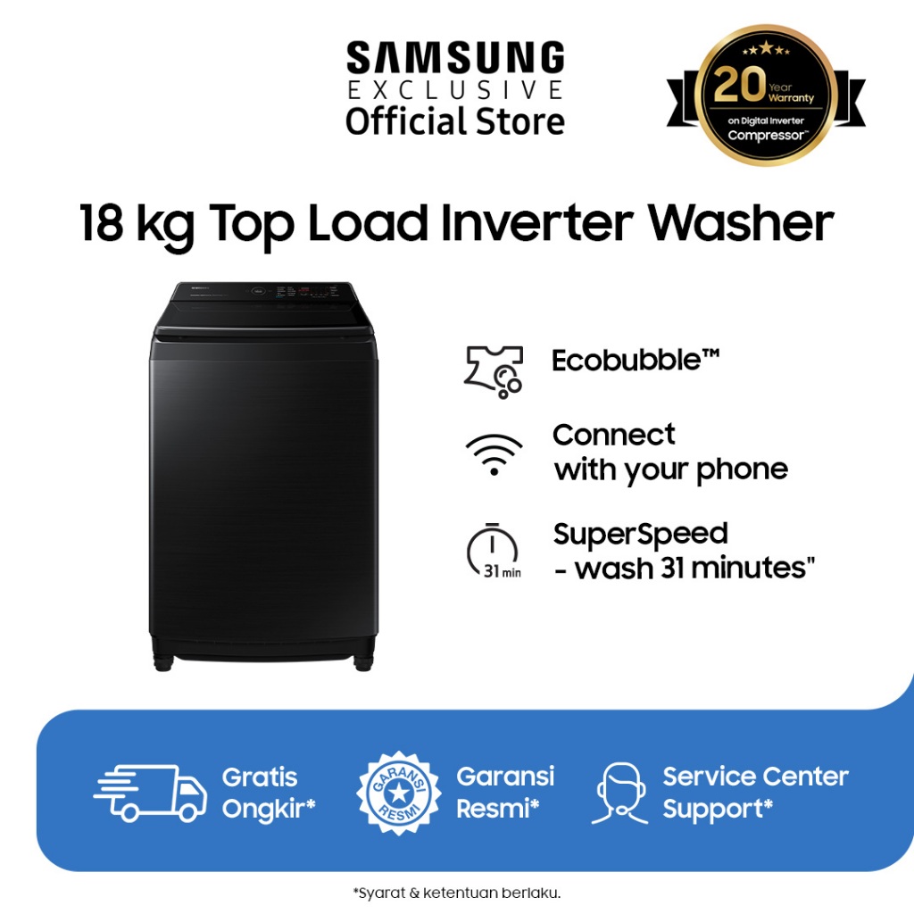 Jual Samsung 18 kg Top Load Inverter Washer with Ecobubble, Hygiene