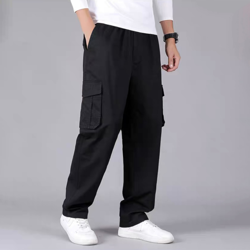 Jual celana cargo panjang pria celana overall hitam longgar stretch ...