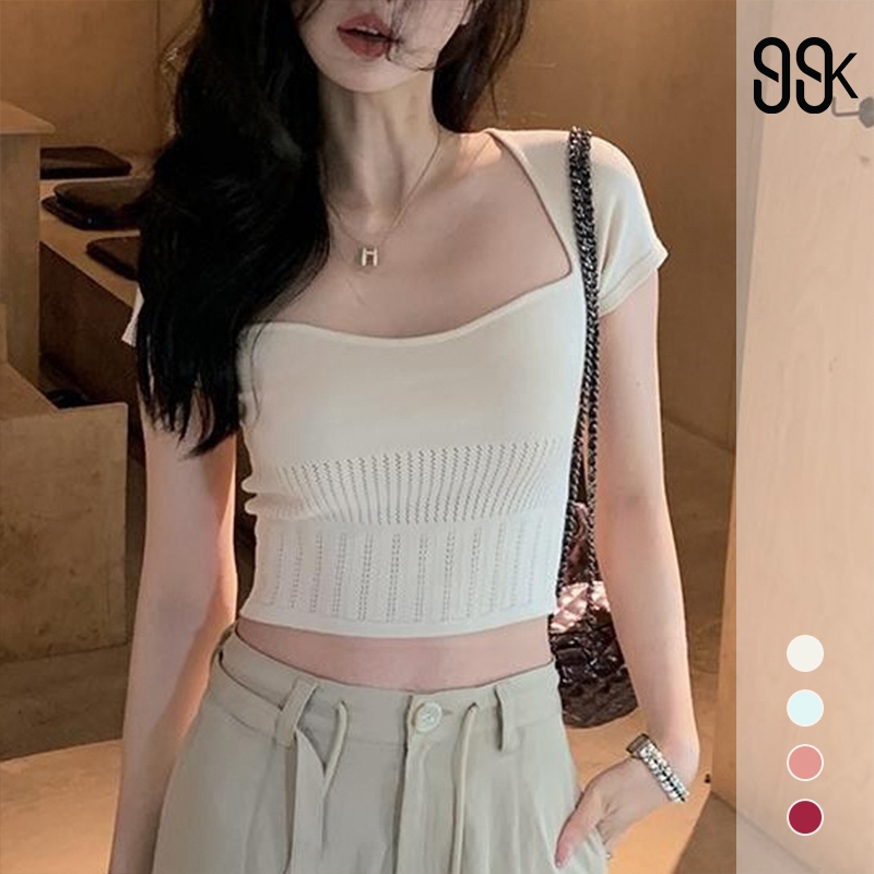 Jual Square Neck Short Sleeve Knit Crop Top T-Shirt 2911 | Shopee Indonesia