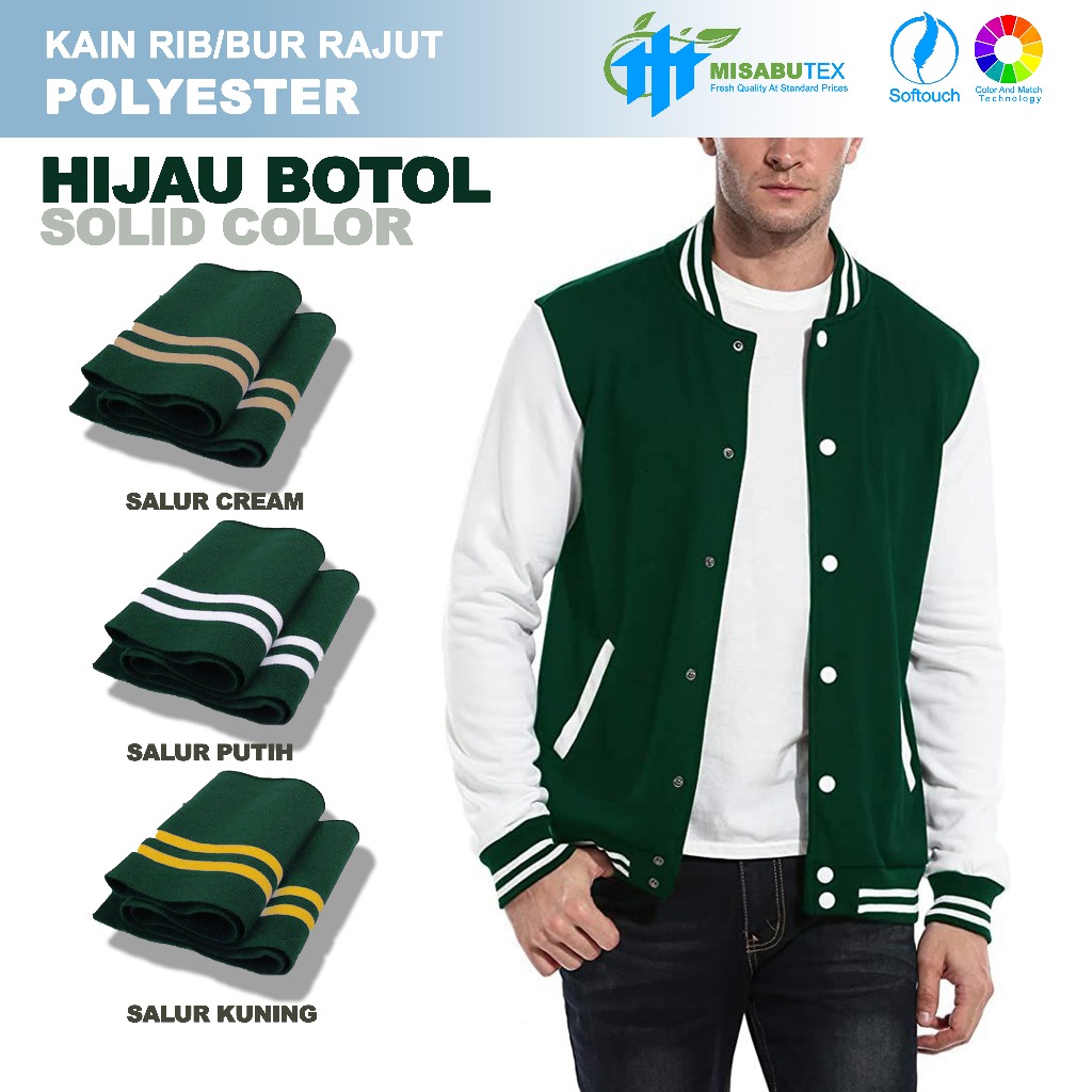 Jual Kain Rib/Bur warna dasar hijau botol strip polos manset jaket