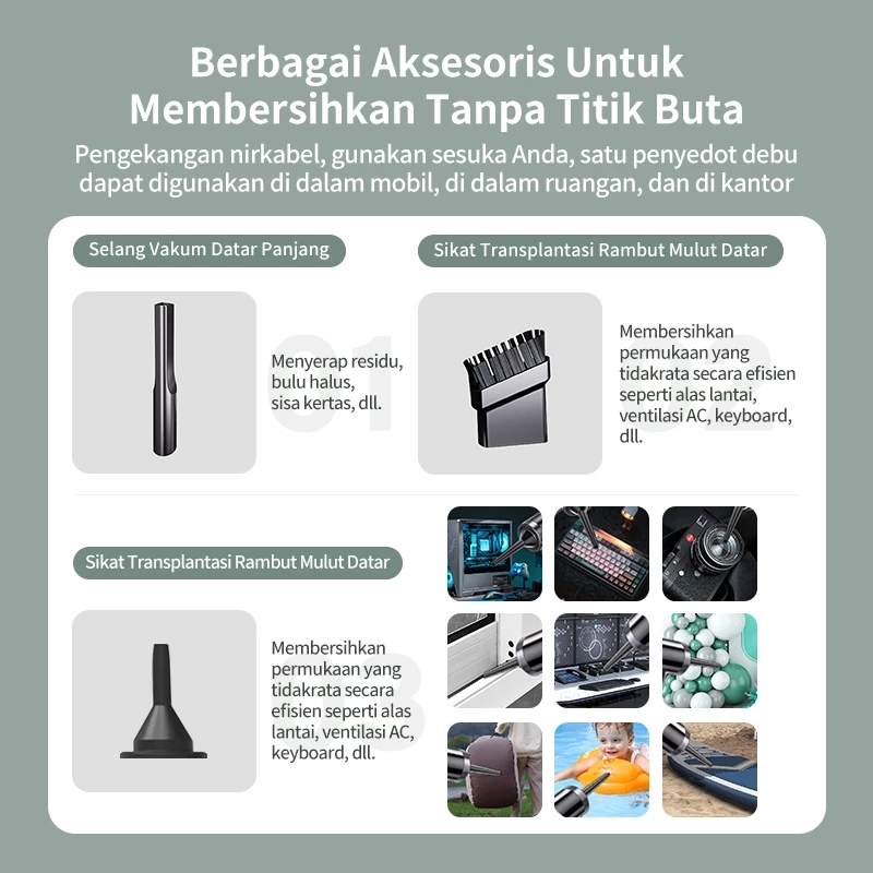 Aksesoris BASIKE penyedot debu: sikat bulu, nosel datar, nosel peniup udara, dan filter