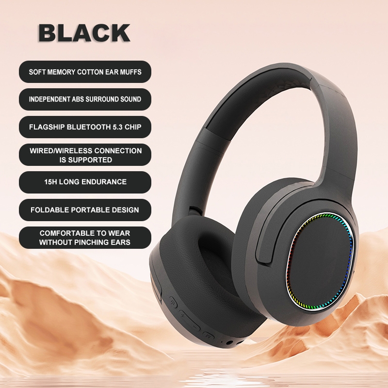 JST-37 Foldable RGB Bluetooth Headphones Wireless Headset With Mic Supoort  TF Card Noise Reduction HiFi Stereo With AUX Cable For IPX4 Waterproof For 