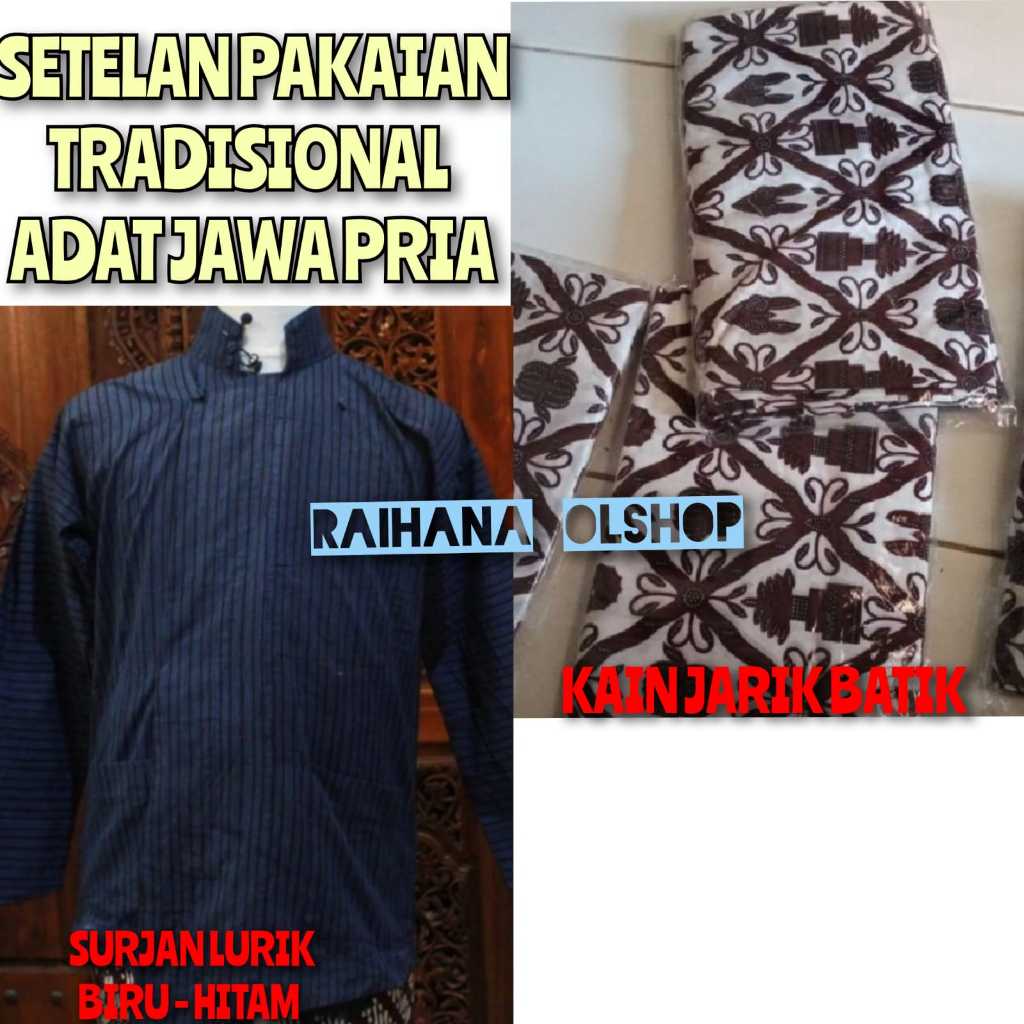 Jual Sepaket Baju Adat Jawa Pria Surjan Lurik Biru Hitam Kain Jarik Batik Pakaian Nasional