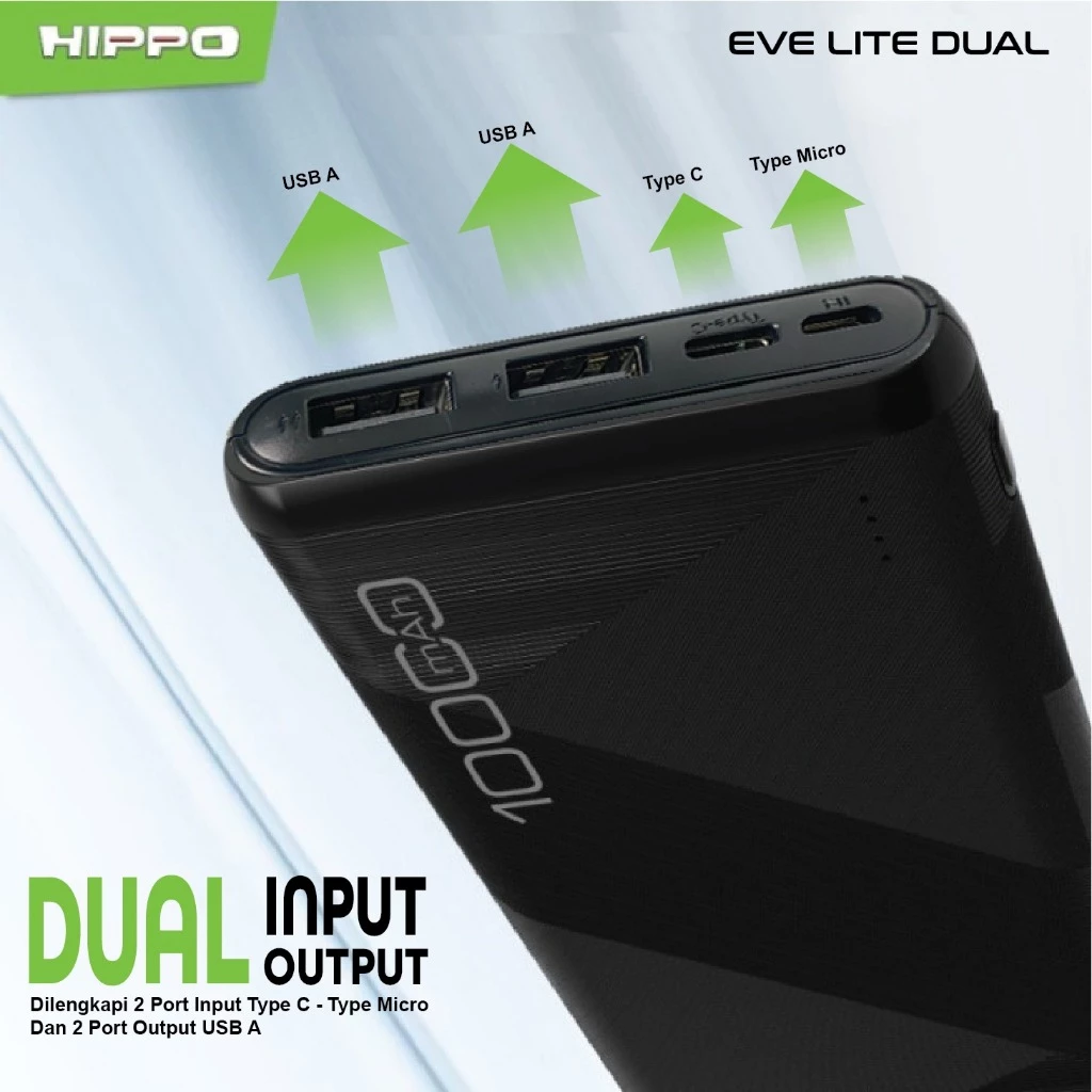 Hippo Powerbank EVE LITE DUAL 10000MAH BLACK Smart Detec Charger 2,4A Flight Friendly Power Bank