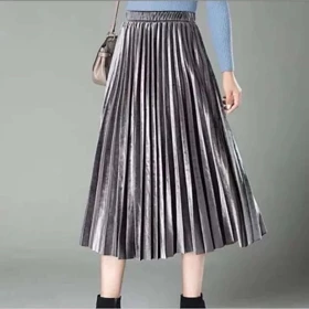 Rok Plisket Bludru 7 8 Spring Autumn Woven Hight Waist Plester Midi Skirt Rok Velvet Mewah