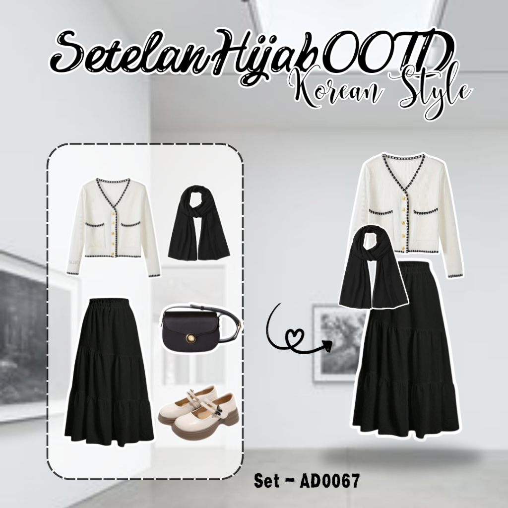 Jual OOTD Monochrome 3 In One Set Hijab Korean Style Casual Looks Outfit Daily Simple dan Elegan Rok Ruffle Cardigan Korean Hijab Pashmina Set AD0067 Shopee Indonesia