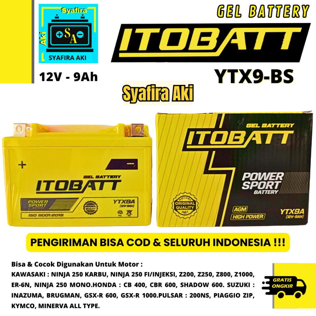Aki Motor Ninja 250 cc Karbu/Fi, Piaggio Zip ITOBATT YTX9-BS Aki Kering 9 AMPER