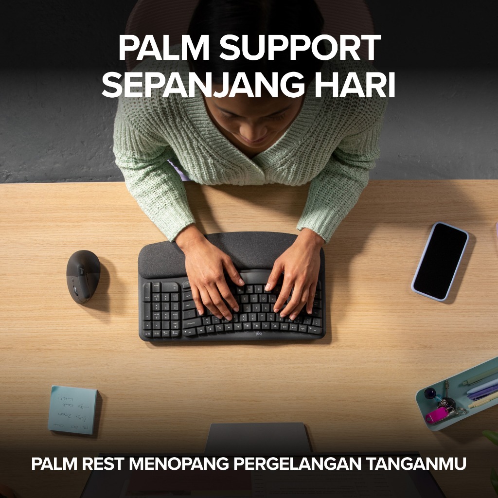 Logitech Wave Keys Keyboard Ergonomis Wireless, Bluetooth dan Multi-OS Windows/ Mac dilengkapi dengan Cushioned Palm Rest (5)