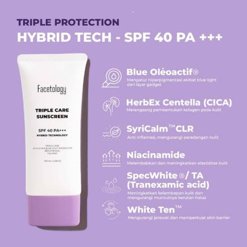 Jual Facetology Sunscreen 100 ml Besar Triple Care Sunscreen SPF 40 PA ...