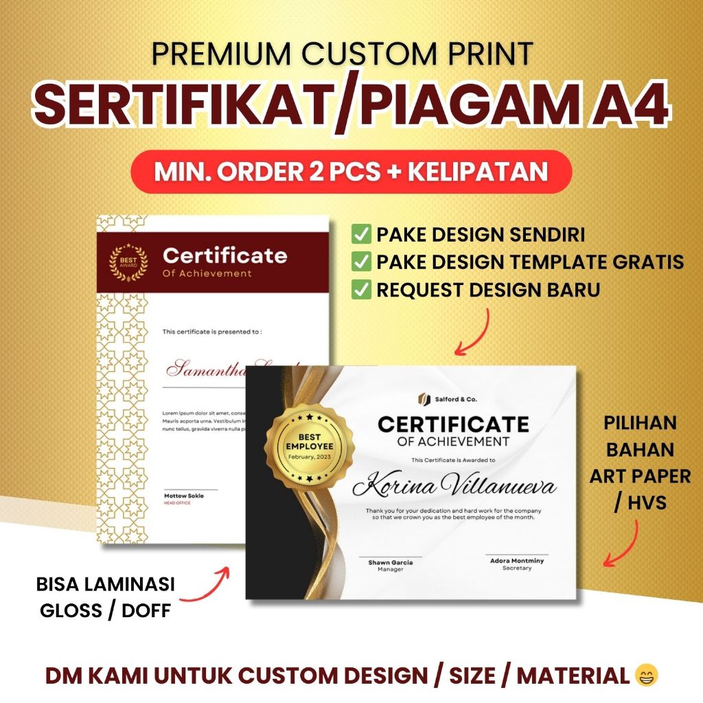 Jual [express] Cetak Sertifikat Piagam A4 Bahan Art Paper Hvs