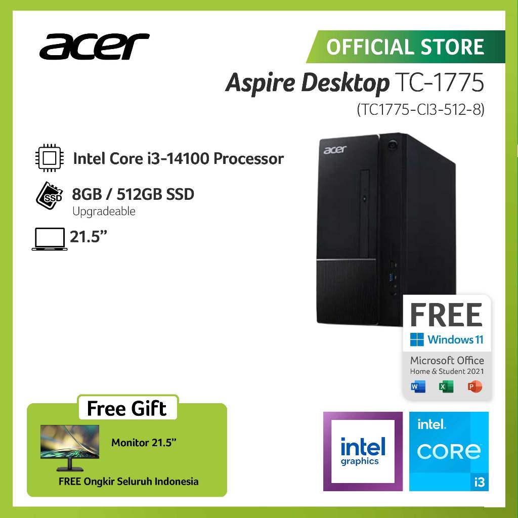 Jual ACER ASPIRE DESKTOP TC-1775 INTEL CORE I3-14100 RAM 8GB 512GB SSD ...