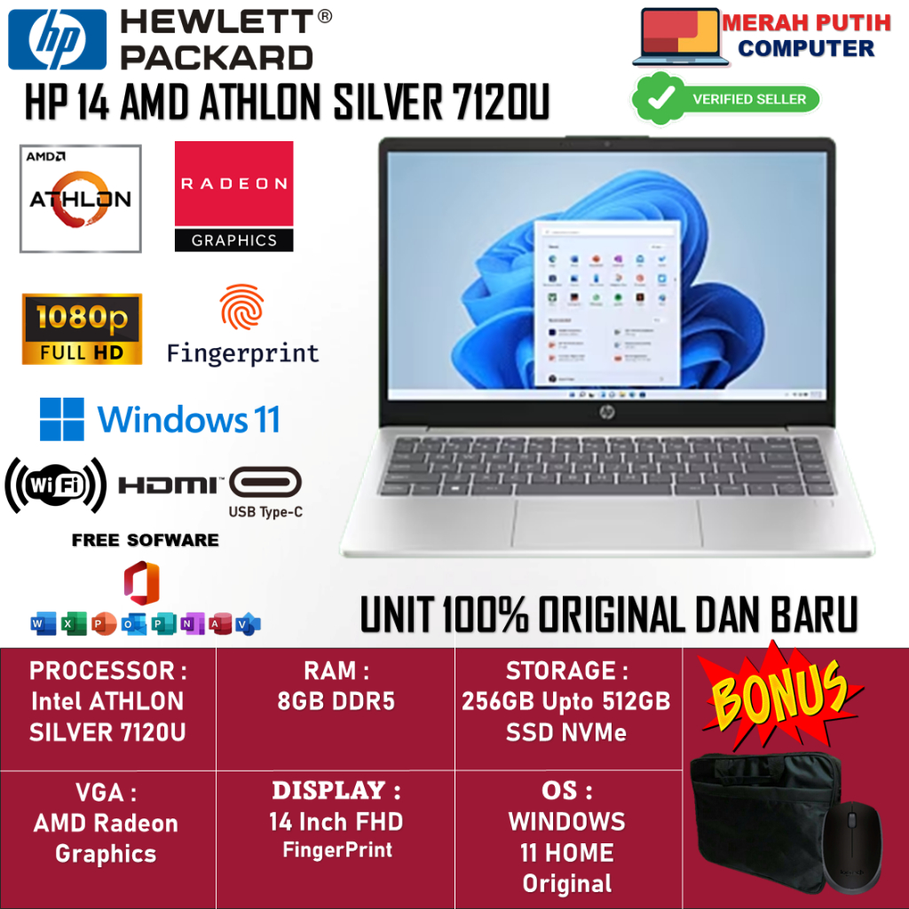 Jual Laptop HP 14 AMD Athlon Silver 7120U 8GB DDR5 512GB 14 Inch FHD FingerPrint Windows 11 Home