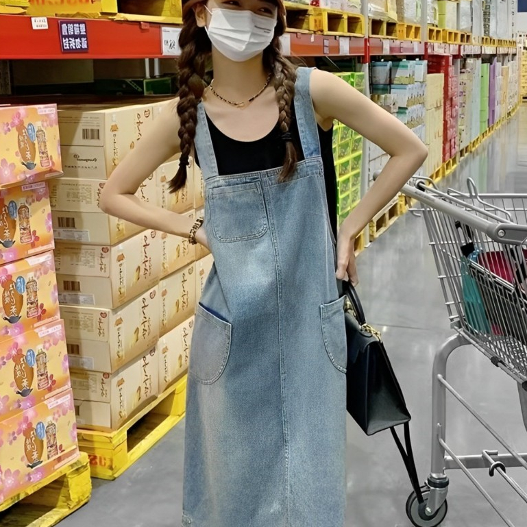 Jual Overall Jeans Wanita Korean Style Midi Long Rok Denim Premium ...