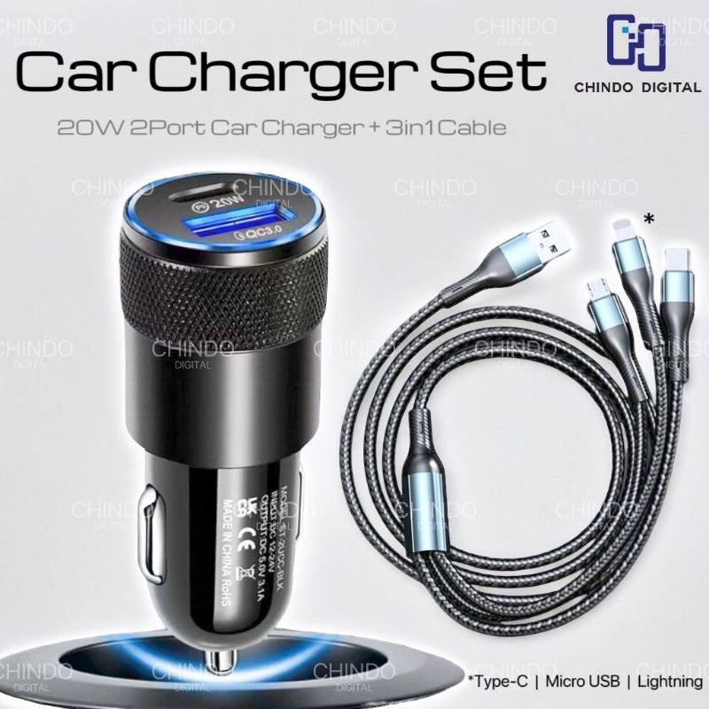 Fullset charger mobil dengan kabel 3 in 1