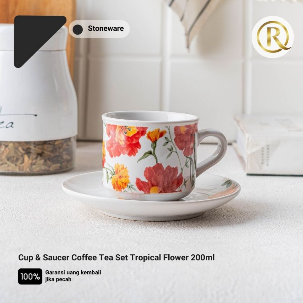 Cup & Saucer Coffee Tea Set Tropical Flower Stoneware Keramik 200ml